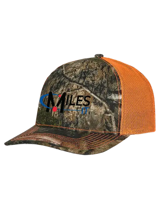 Mossy Oak Country DNA Camo/Orange Mesh Trucker Cap Snap Back w/Miles IT Logo