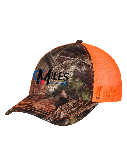 Country Orange Mossy Oak Camo Mesh Trucker Cap Snap Back w/Miles IT Logo