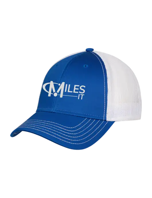 Royal & White Mesh Trucker Cap Snap Back w/Miles IT Logo