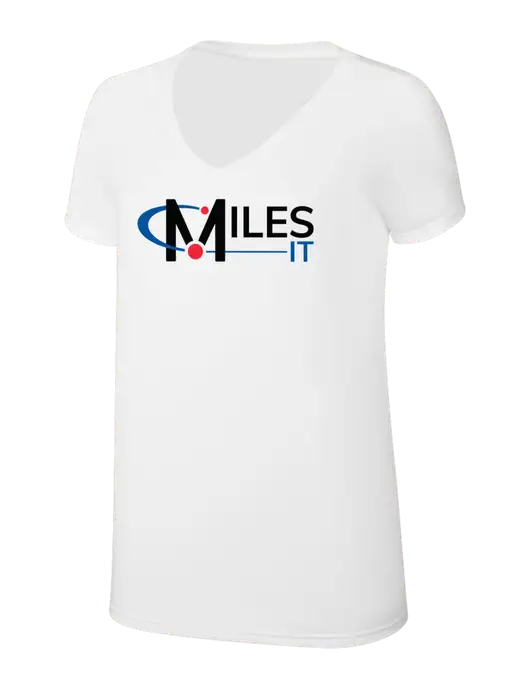 Womens Simply Soft V-Neck White 4.5oz  Poly/Combed Ring Spun Cotton T-Shirt w/Miles IT Logo