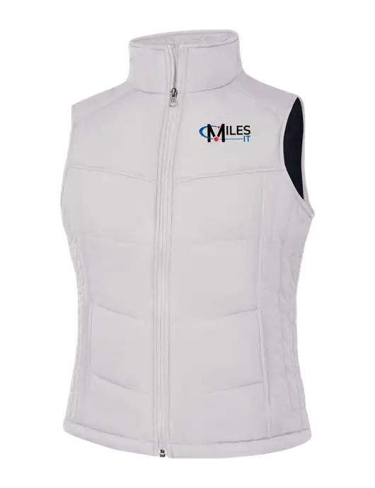 Womens White/Dark Slate Puffy Vest w/Miles IT Logo