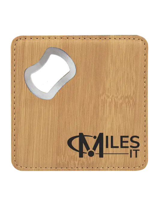 Bamboo Leatherette Coaster with Bottle Opener w/Miles IT Logo