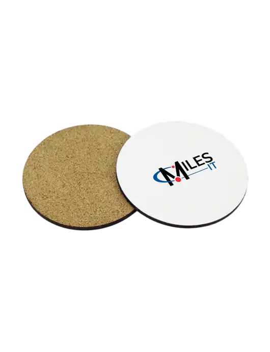 Gloss White Hardboard Round Coaster w/Cork Back, 3.75 w/Miles IT Logo