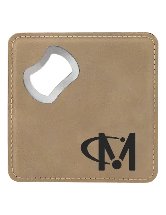 Tan Leatherette Bottle Opener Coaster w/Miles IT Icon Logo