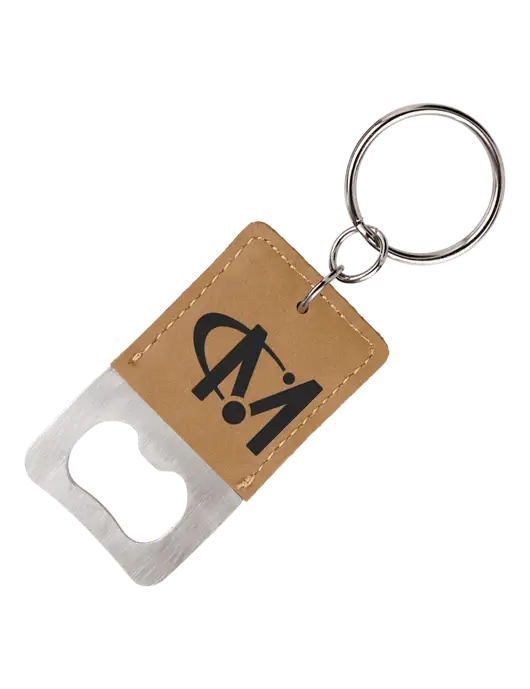 Tan Leatherette Rectangle Bottle Opener Keychain w/Miles IT Icon Logo