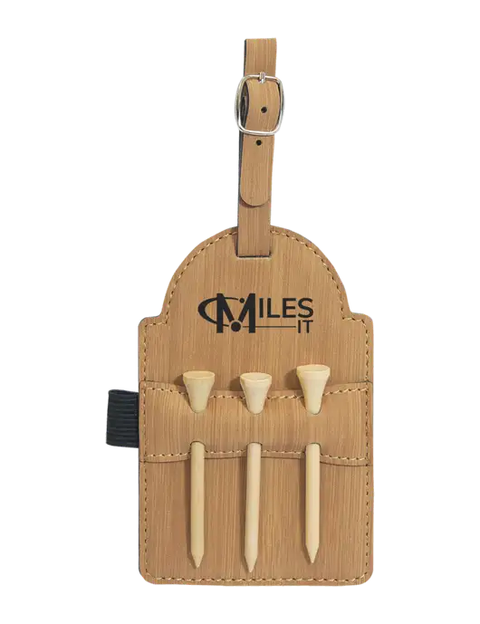 Bamboo Leatherette Golf Bag Tag with 3 Wooden Tees w/Miles IT Logo