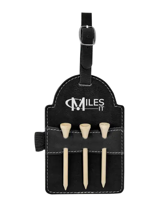 Black Leatherette Golf Bag Tag with 3 Wooden Tees w/Miles IT Logo