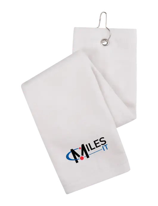 White Tri-Fold Golf Towel with Grommet w/Miles IT Logo