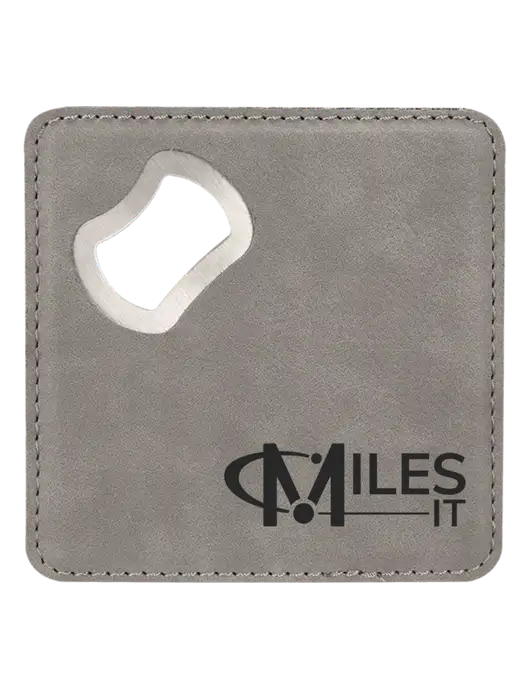 Grey Leatherette Coaster with Bottle Opener w/Miles IT Logo