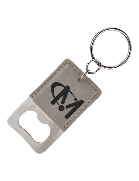 Grey Leatherette Rectangle Bottle Opener Keychain w/Miles IT Icon Logo